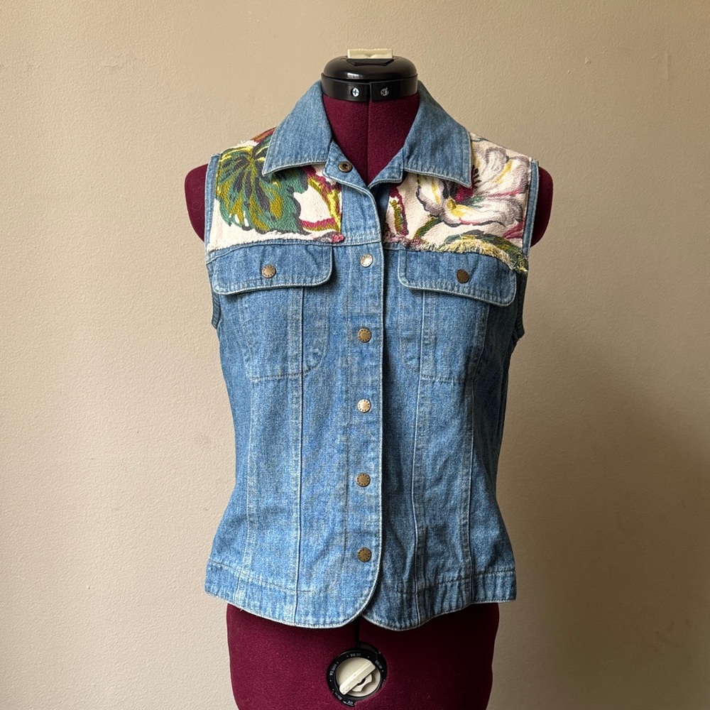 Vintage Upcycled Denim Blue Sleeveless Vest Top Antique Barkcloth Textile